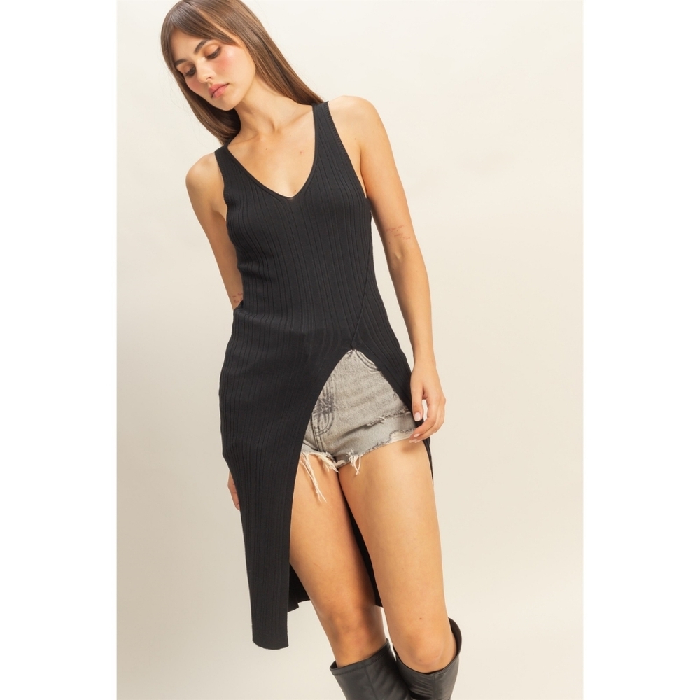 HYFVE Rayon Blend Ribbed Knit Tunic - High Slit Sleeveless Midi Layering Piece